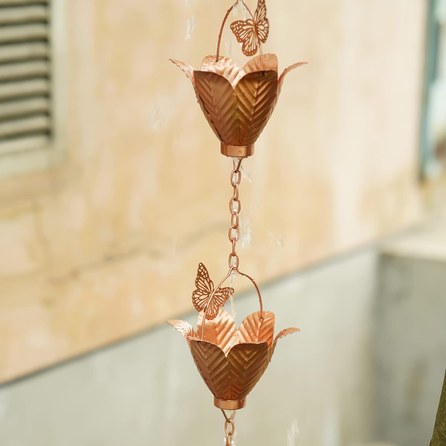 Metal Rain Chain Decoration 8.7FT., Rain Catcher Metal Chain Gutter Downspout 105'' for House Eaves, Garden & Home, Butterfly&Flowers Shape Rain Chains