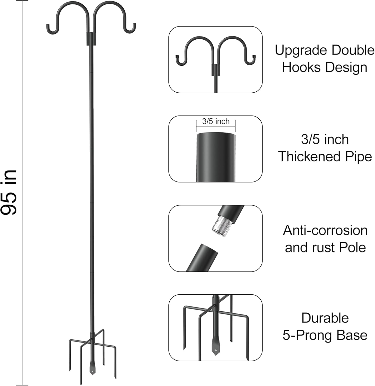 Highpro Double Shepherd Hooks for Outdoor, 95 Inch Heavy Duty Bird Feeder Pole for Hanging Bird Feeder, Garden Hooks Plant Baskets, Garden Plant Hanger Stands with 5 Prong Base
