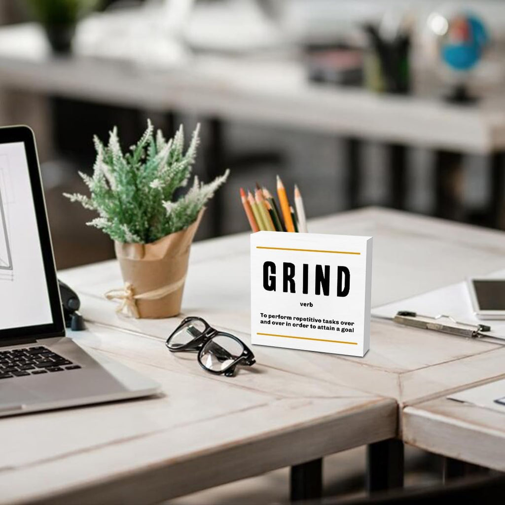 Grind Definition Entrepreneur White Wooden Box Sign, Inspirational Office Decor Decorative Table Shelf Desk Decor, Rustic Workplace Farmhouse Home Cubicle Decor Office Decorations Desk Accessories