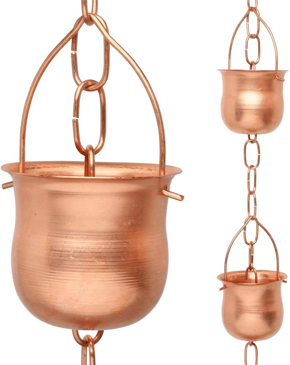 Copper Rain Chain – Decorative Chimes & Cups Replace Gutter Downspout & Divert Water Away from Home for Stunning Fountain Display – 8.5’ Long for Universal Fit – Pot Style