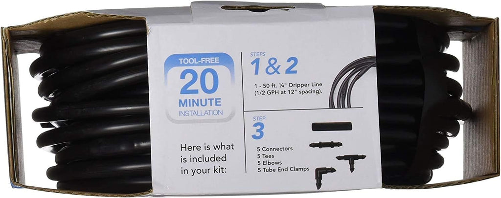 Raindrip R280DT Drip-A-Long™ 1/4 in. Dripline Kit includes 50 feet of 1/4-Inch Dripline preassembled with 1/2 GPH drippers, 5 Barbed Tees, 5 Barbed Elbows, 5 Barbed Couplings, 5 End Plugs