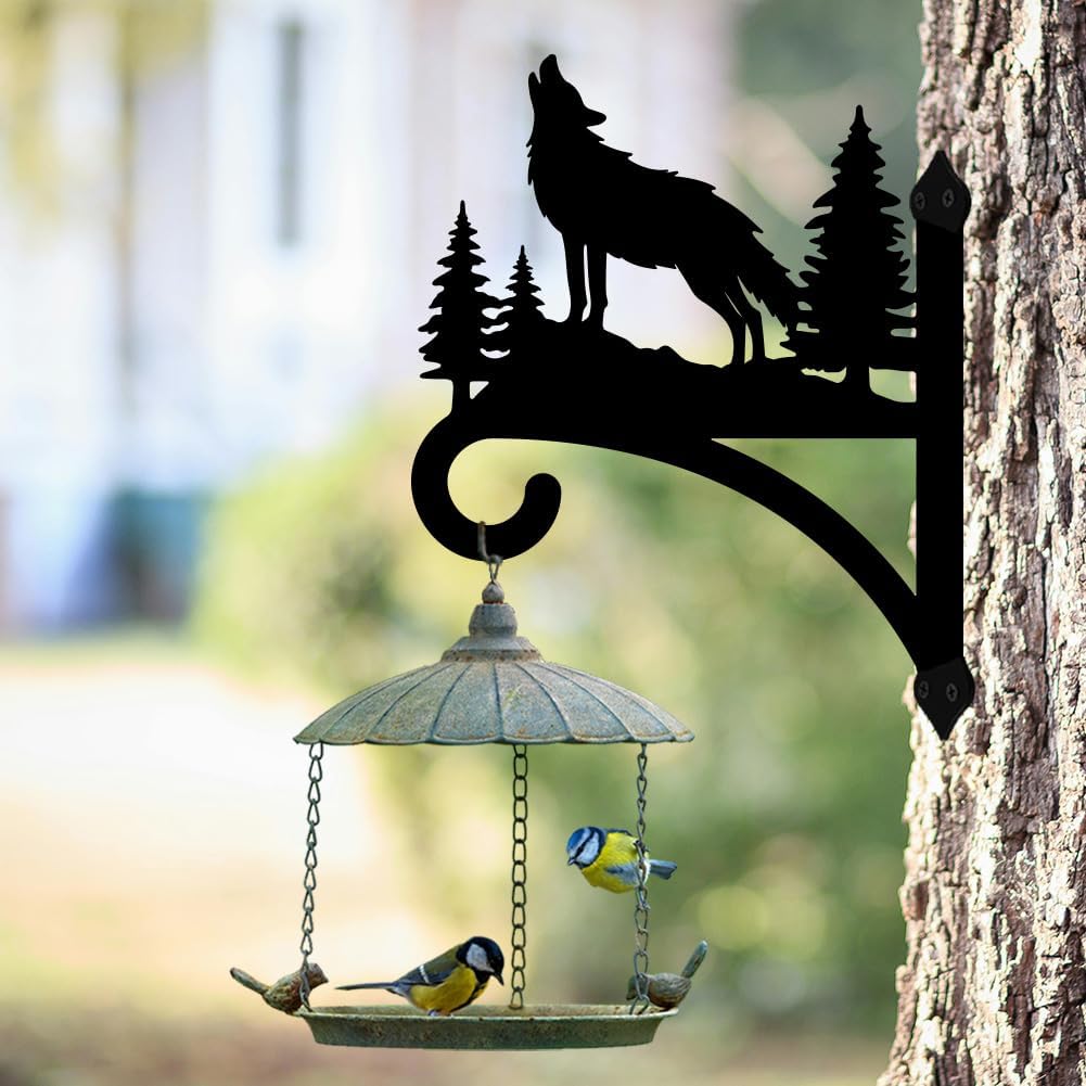 Peacoblue Iron Plant Hangers Hooks for Outdoor Indoor Hanging Plant Flower Fern Pots Lantern Bird Feeder,12"x15" Weather Resistant Metal Wall Holder for Porch Garden Farmhouse(Howling Wolf and Forest)