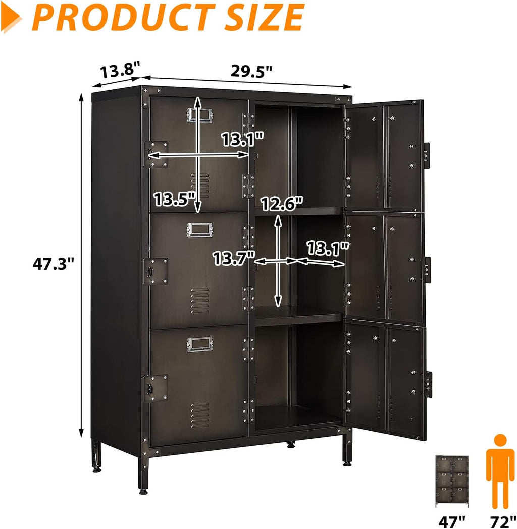 Metal Locker Storage Cabinet, 47.3" Employees Locker with 6 Doors, Steel Retro Wardrobe with Adjustable Feet for Home, Office, Gym, School