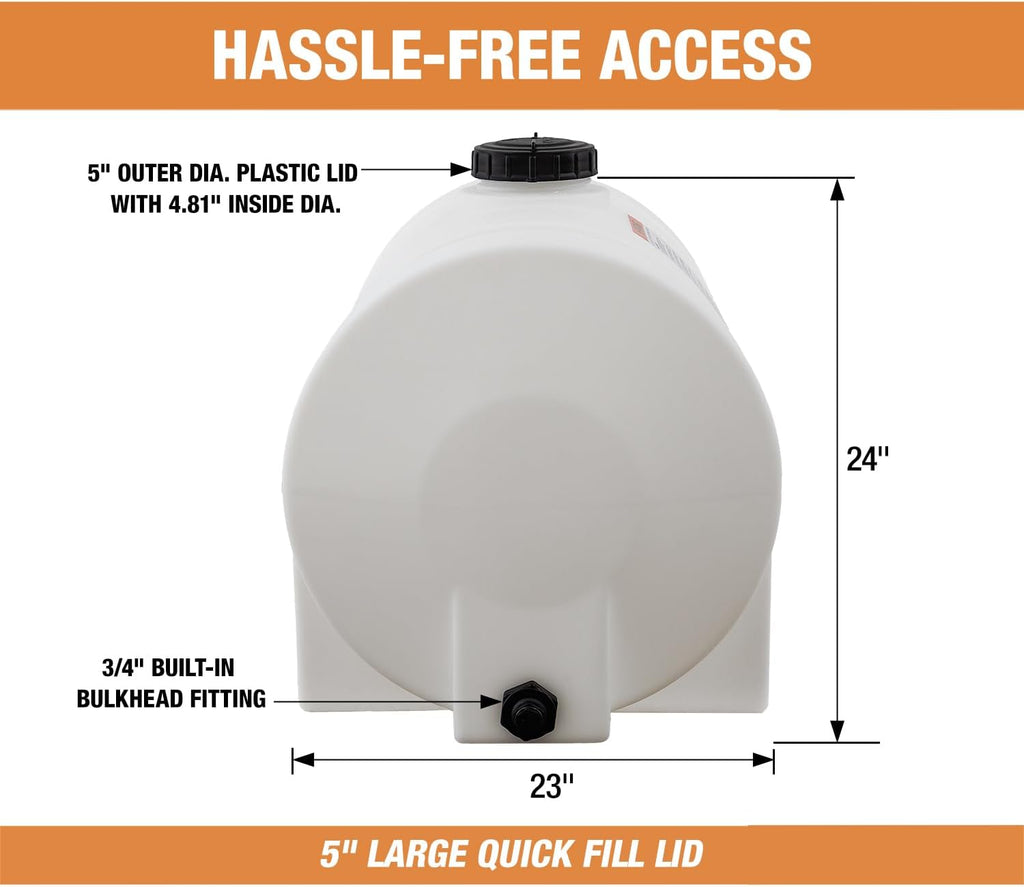 RomoTech 82123939 Horizontal Polyethylene Reservoir Water Tank w/Legs, 60 gal, Made In USA, Natural Poly Tank for Non-Flammable Liquids, UV-Resistant, Ideal for Agricultural Use, RV Water Storage