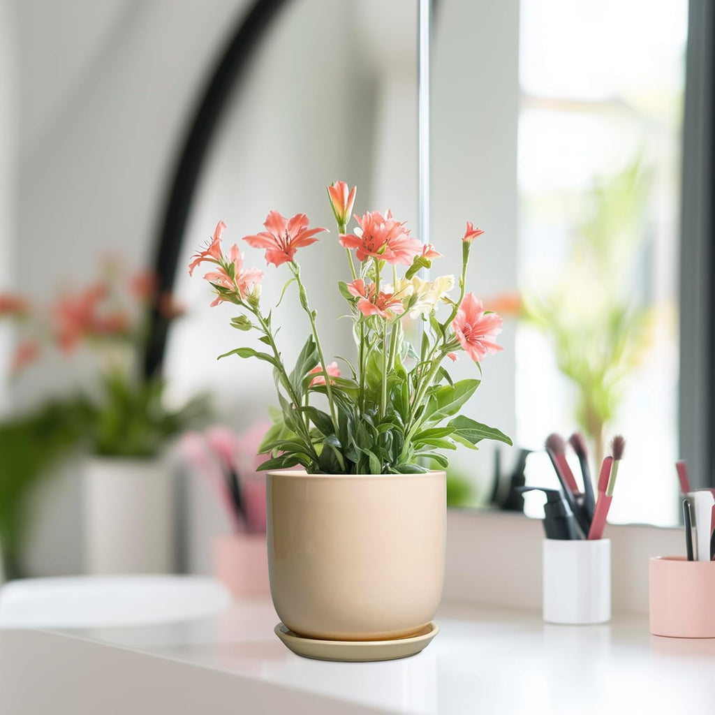 Ceramic Flower Pot 5 Inch - Round Succulent Planter for Indoor Plants with Drainage Hole and Saucer, Patio Room House Office Home Decor, Yellow