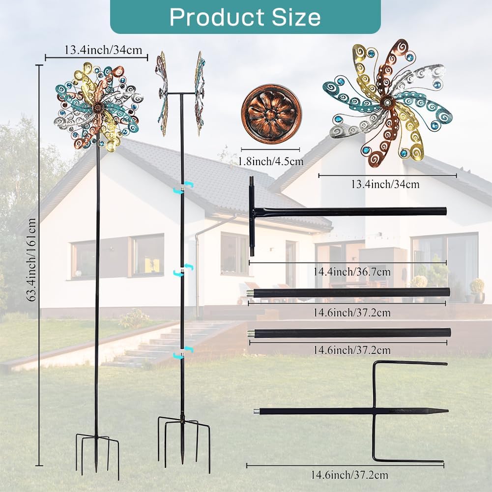 DREAMSOUL Metal Wind Spinners Outdoor, Wind Spinners for Yard and Garden with 5 Stable Stake, Double Kinetic Wind Spinner for Patio, Lawn & Garden Decor 63 * 13 Inches