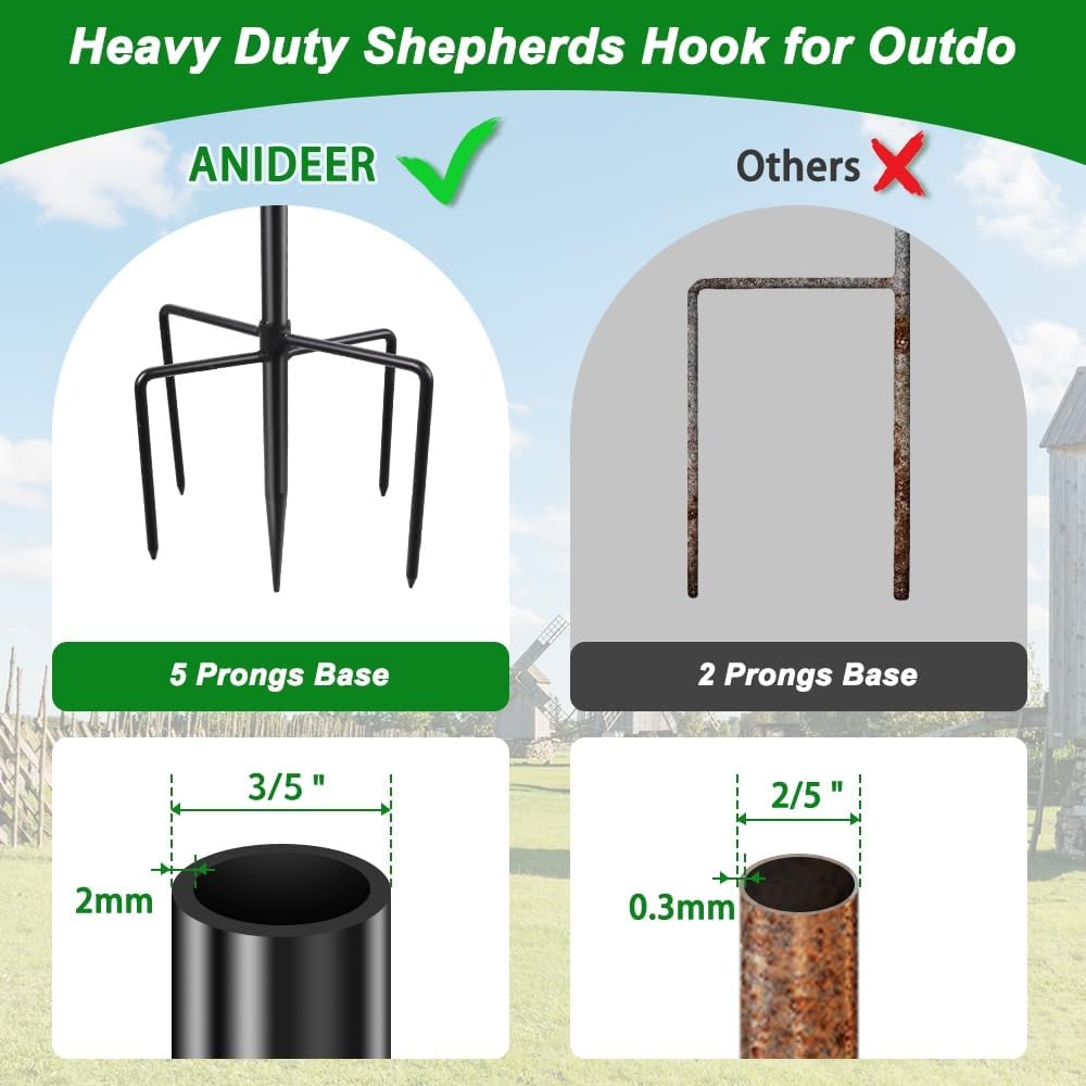 36 Inch Shepherds Hooks for Outdoor, Heavy Duty Bird Feeder Pole with 5 Prong Bases, Garden Hanging Stake for Bird Feeder, Solar Light, Plant Hanger, Wedding Decor, Metal Hanger Hooks, Black, 2 Packs