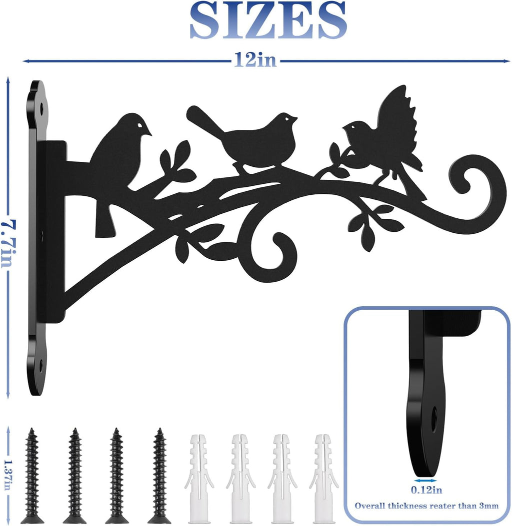 Metal Hanging Plant Bracket with Birdie Pattern 2 Pack – Heavy Duty Plant Hooks for Hanging Flower Baskets，Plants, Bird Feeder, Wind Chime - Indoor/Outdoor Use，Black Matte Texture (12 in)