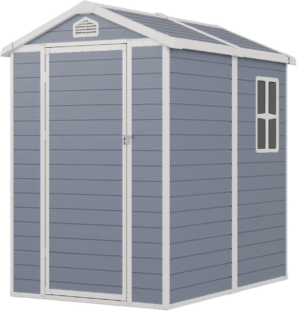 Storage Shed Plastic Outdoor Storage Shed Waterproof Container House with Lockable Door and Transparent Window for Garden, Lawn, Backyard, Patio (6x4FT)