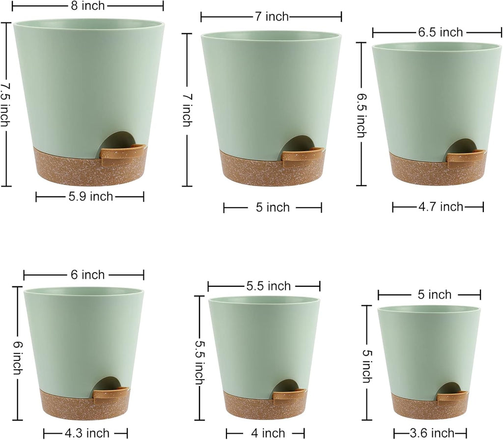 Indoor Self Watering Planters with Drainage Holes and Saucers, 8, 7, 6.5, 6, 5.5, 5 Inches, Green, 6 Pots