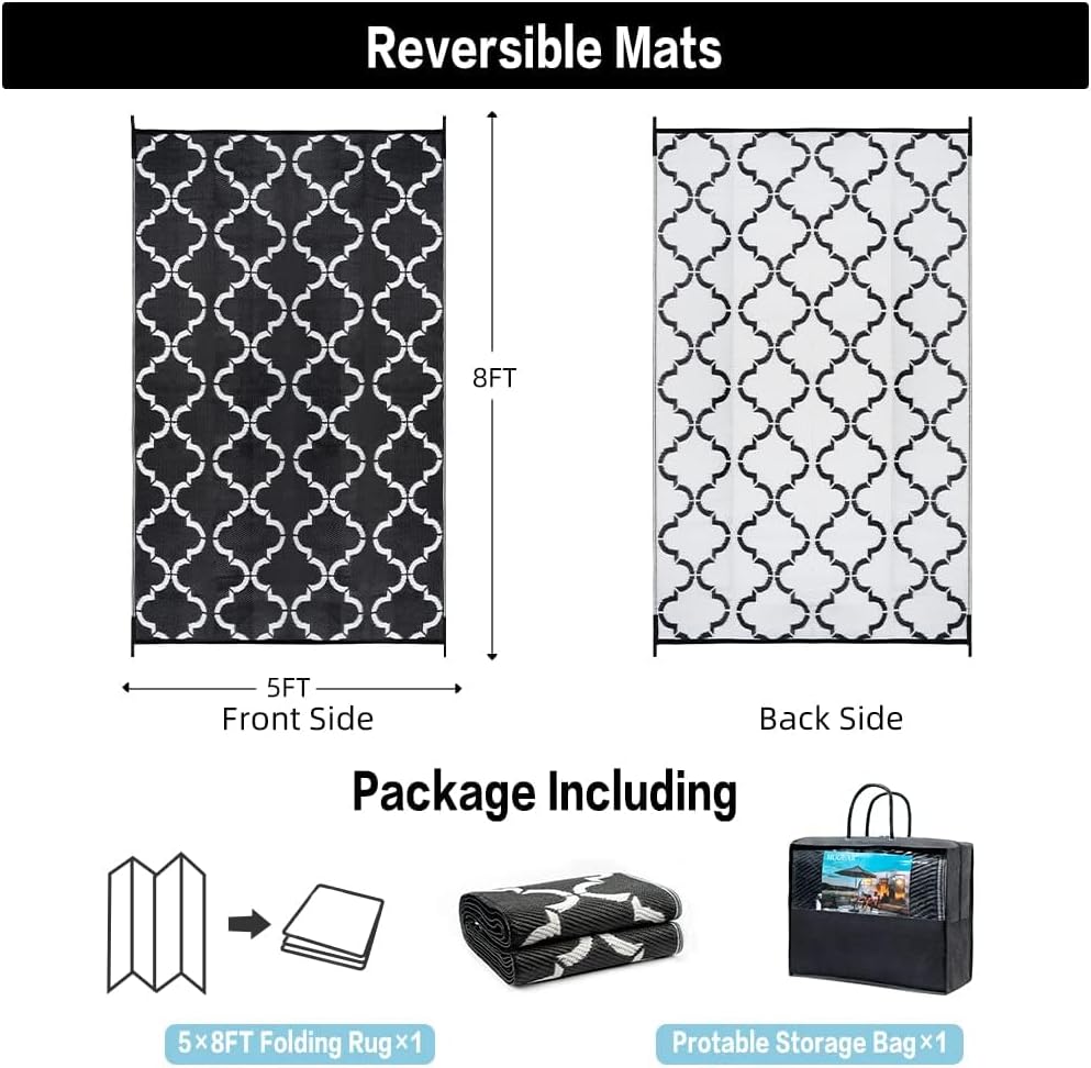 Outdoor Plastic Straw Rug, Waterproof Mat, Washable Large Floor Mat and Rug for Outdoors, RV, Beach, Patio, Camping, Backyard, Deck, Picnic, Indoor Outside (5x8ft,Lantern/Black&White)