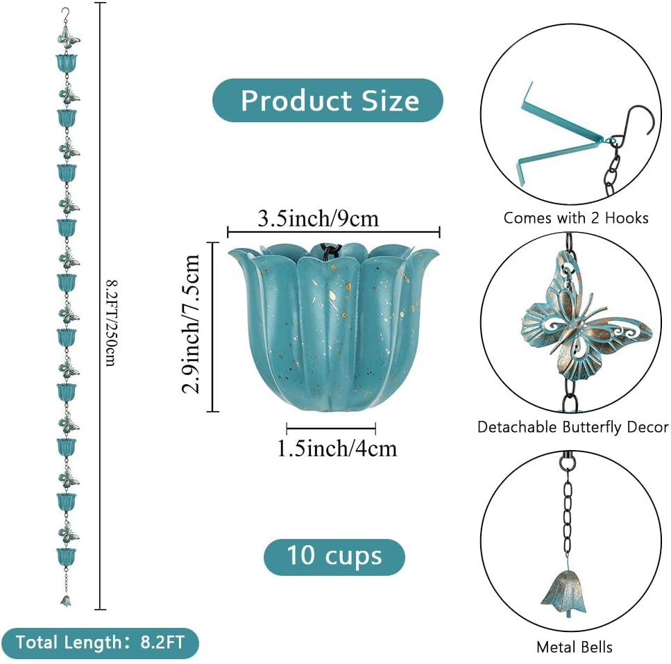 Lotus Rain Chain, 8.2 ft Rain Chains for Gutters with 10 Cups, Adjustable Rain Catcher Chains with Bell for Gutters, Eaves, Drainage, Replacement Downspout