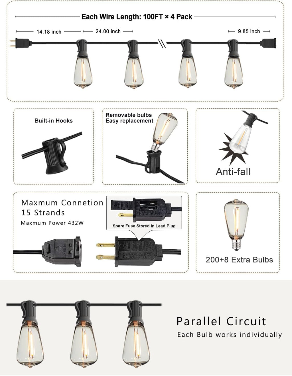 DAMAING Outdoor String Lights Weatherproof 400FT shatterproof connectable Patio Lights for Outside 4 Pack x 100FT with 208 Vintage dimmable LED Edison Bulbs,Hanging Lights for Garden,Balcony