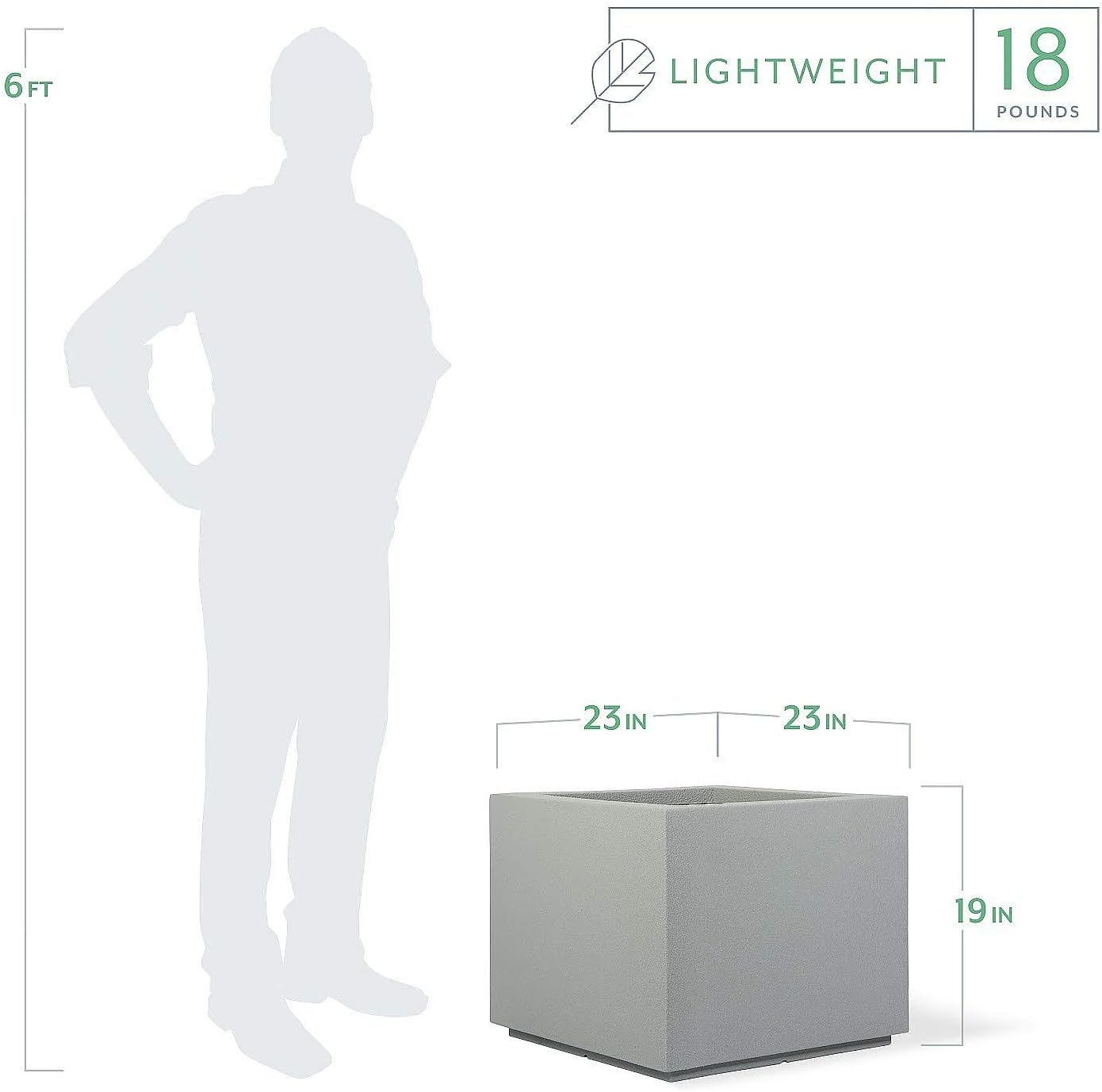 PolyStone Monterray Modern Outdoor/Indoor Square Planter, 23" L x 23" W x 19" H, Lightweight, Heavy Duty, Weather Resistant, Polymer Finish, Commercial Grade and Residential (Concrete Gray)