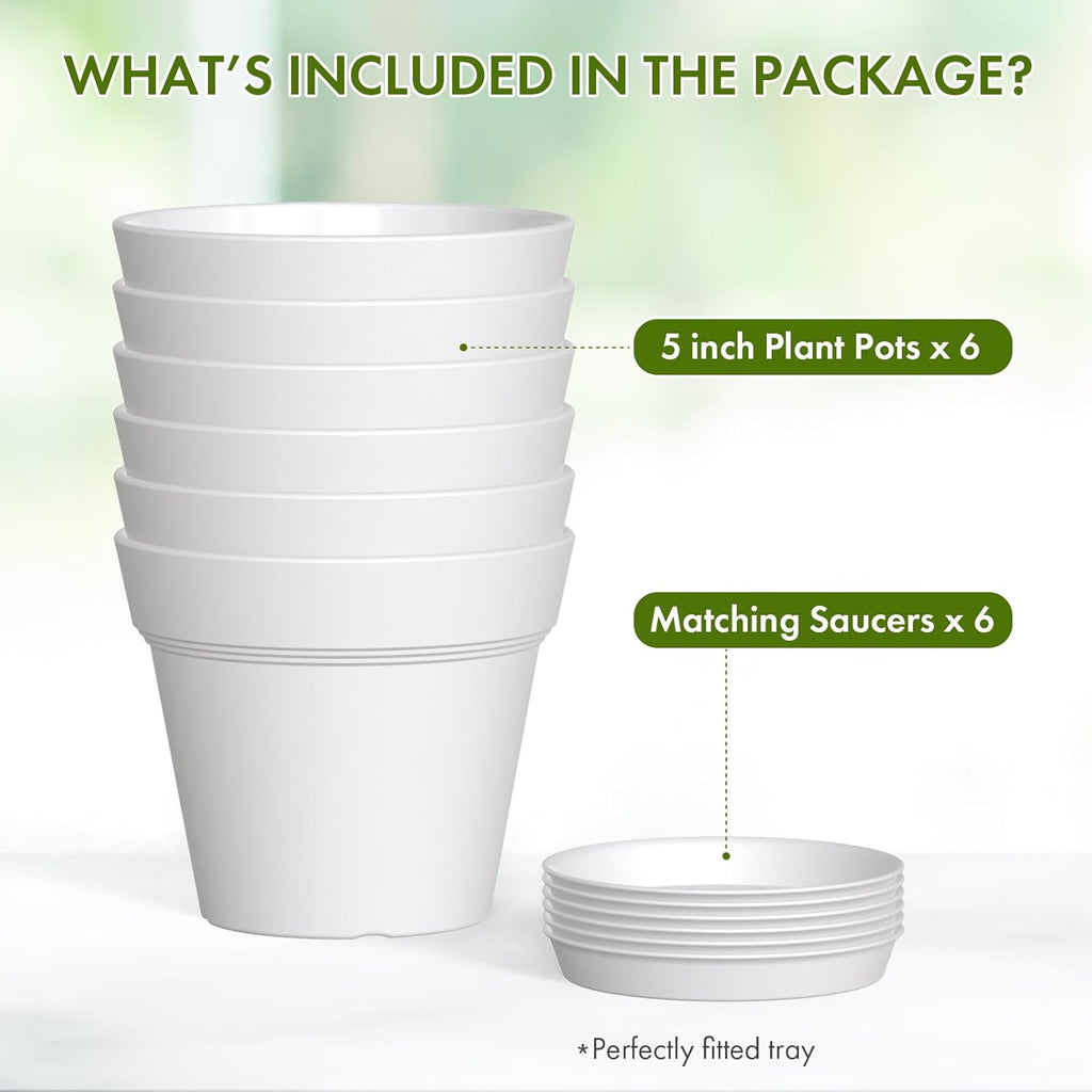 5 Inch Plastic Plant Pots with Drainage Holes and Trays – 6 Pack Small Nursery Pots for Indoor & Outdoor House Plants and Flowers, Seedling Starter Planters, White