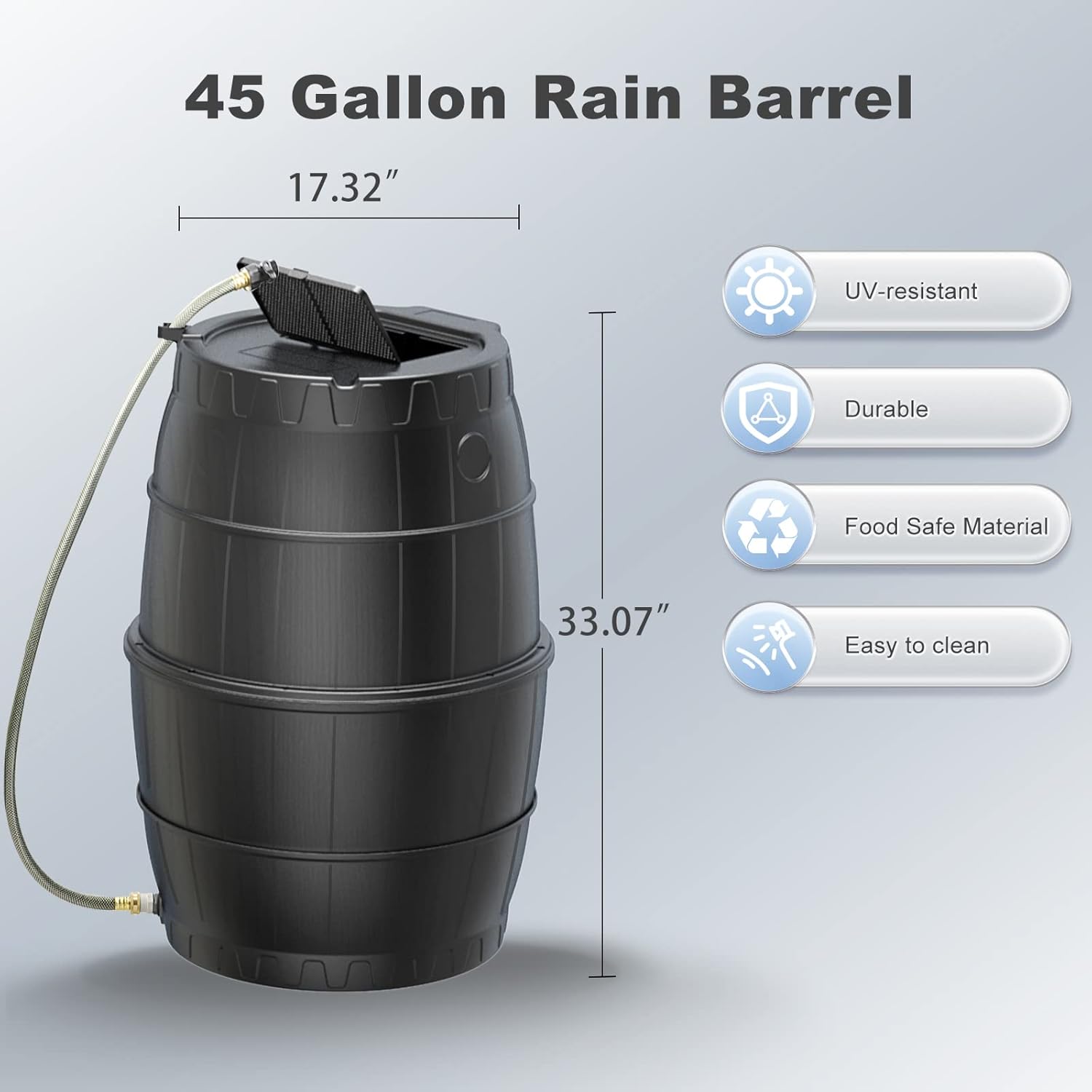 EJWOX Rain Barrels to Collect Rainwater from Gutter for Outdoor Use, 45 Gallon Black Rain Water Collection Barrels, BPA Free Water Catcher with Spigot, Lid, and Hose
