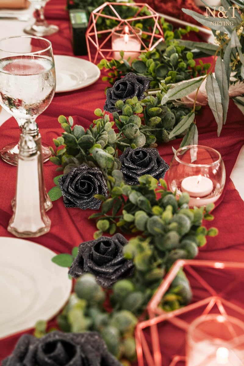 N&T NIETING Artificial Flowers Glowing Black Flowers Foam 50pcs Glitter Roses Real Looking Fake Roses with Stem for DIY Wedding Bouquets Centerpieces Bridal Shower Party Home Decorations