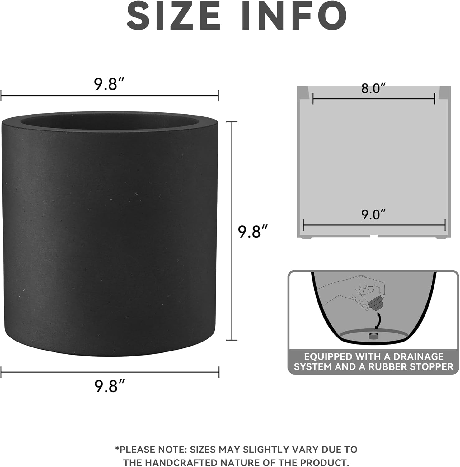 Kante 9.8" Dia Round Concrete Planter, Modern Style Large Cylindrical Plant Pot with Drainage Hole and Rubber Plug for Indoor Outdoor Patio, Burnished Black