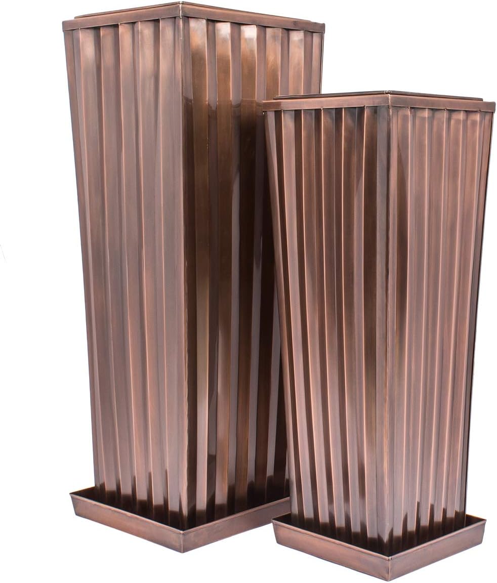 H Potter Patio Deck Flower Ribbed Garden Planter Antique Copper Finish Set of 2 with Trays