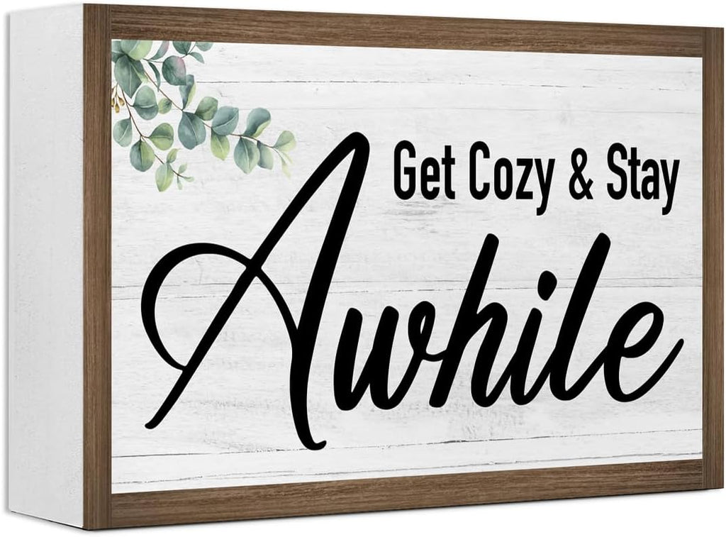 Get Cozy And Stay Awhile Wooden Box Sign Desk Decor,Rustic Family Saying Wood Block Sign for Home Farmhouse Bedroom Shelf Tabletop Wall Decor