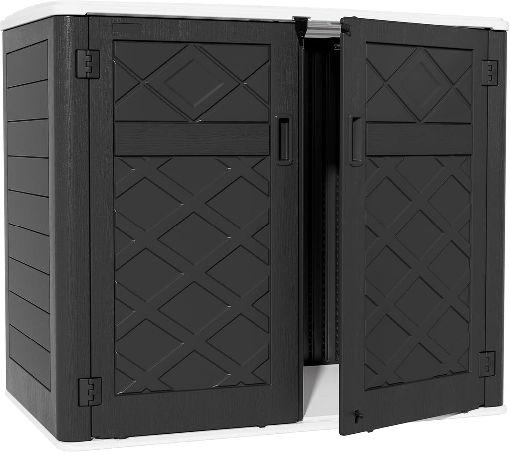 ZZM Large Outdoor Storage Shed, 48 Cu Ft Resin Versatile Storage Cabinet for Patio Accessories, Trash Cans & Garden Tools, Durable Horizontal Storage Box with Lockable Lid (Black)