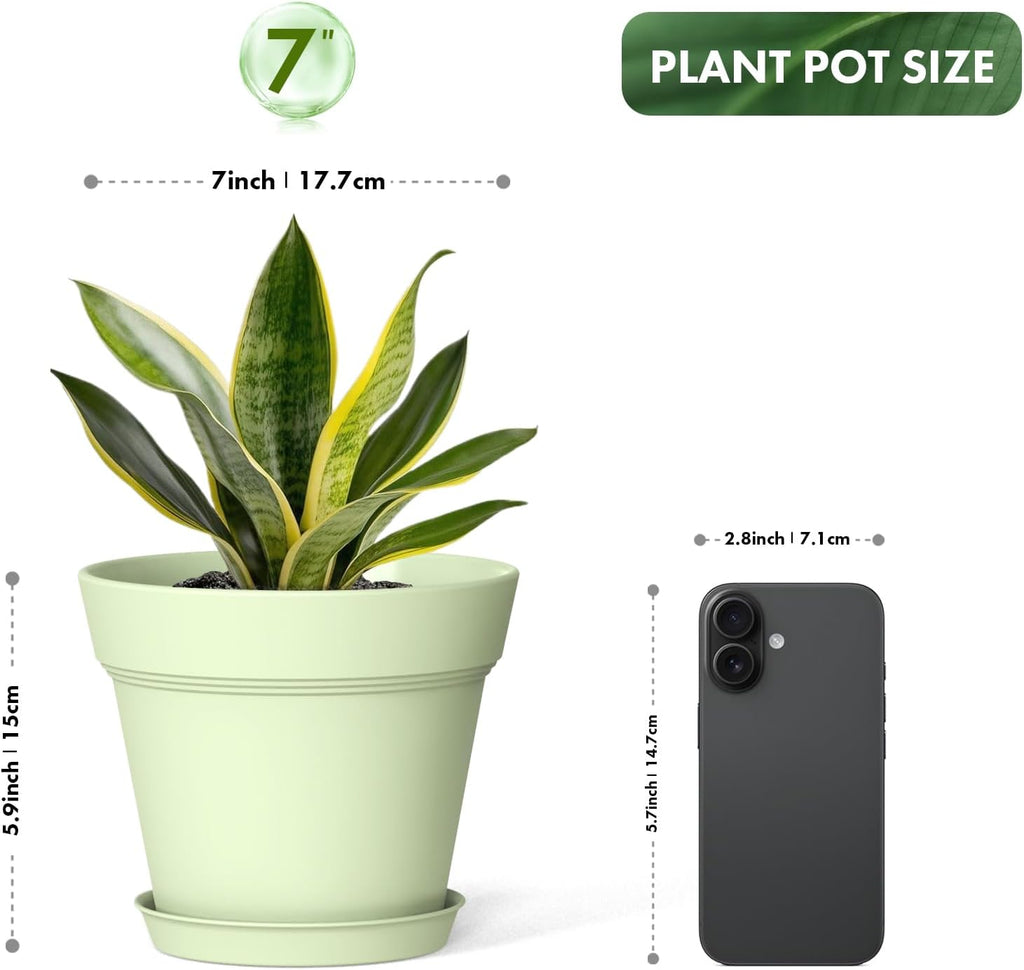7 Inch Thick Plastic Plant Pots with Drainage Holes and Trays – 6 Pack Nursery Pots for Indoor & Outdoor House Plants, Seedling Starter Planters for Garden Flowers, Colorful