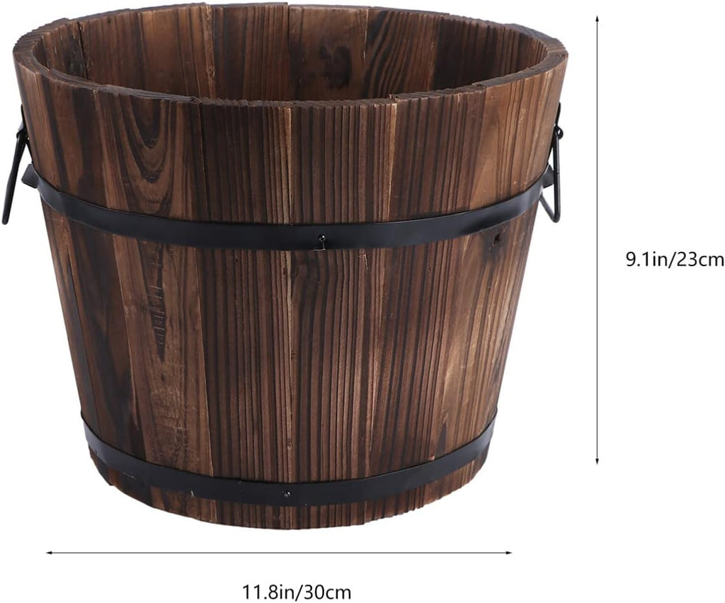 Vaguelly Rustic Wooden Barrels Planters Whiskey Barrels Bucket with Handle, Flower Planter Plant Pots Container Water Wishing Well Pail Garden Backyard Outdoor Indoor Decor