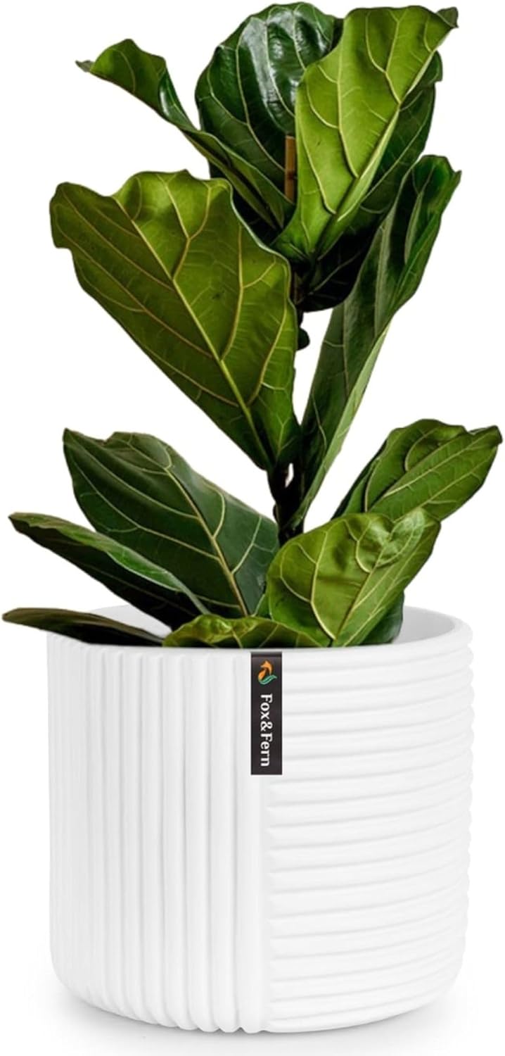 Fox & Fern Large 12 Inch Planter with Drainage Plug — Premium Polystone White Plant Pot; Modern Planter with 3D Texture and Ceramic Finish; 12 Inch Pots for Plants Indoor & Outdoor