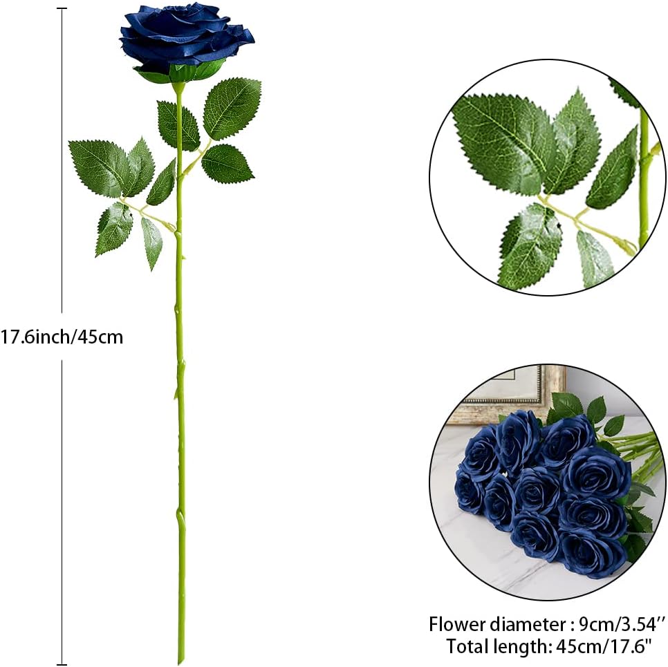 Artificial Rose 10pcs Open Flower Bouquet Navy Blue Faux Rose Stems for Wedding Arrangement, Bridal Bouquet, Centerpiece, Fake Faux Silk Flowers