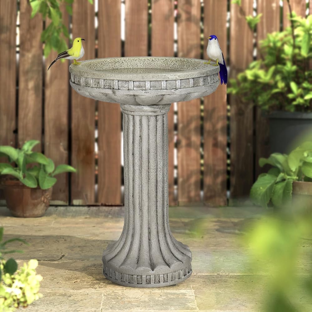 24 Inch Height Outdoor Bird Bath - Fibre Reinforced Concrete Large Bird Bath Stylish with Modern Pedestal for Garden, Patio, Backyard, Lawn - 16”W X 24”H Contemporary Birdbaths & Supports
