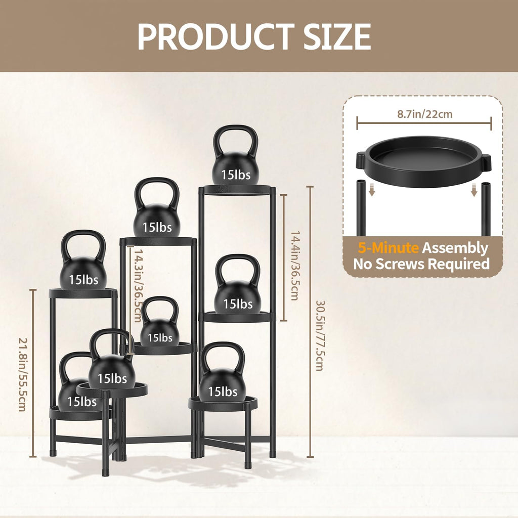 LASZOLA 8 Tiered Folding Plant Stand Indoor for Multiple Large Planter, Tall Heavy Duty Adjustable Rack with Rust Proof Plastic Shelving, Sturdy Vertical Tree Organizer for Narrow Inside Floor, Black