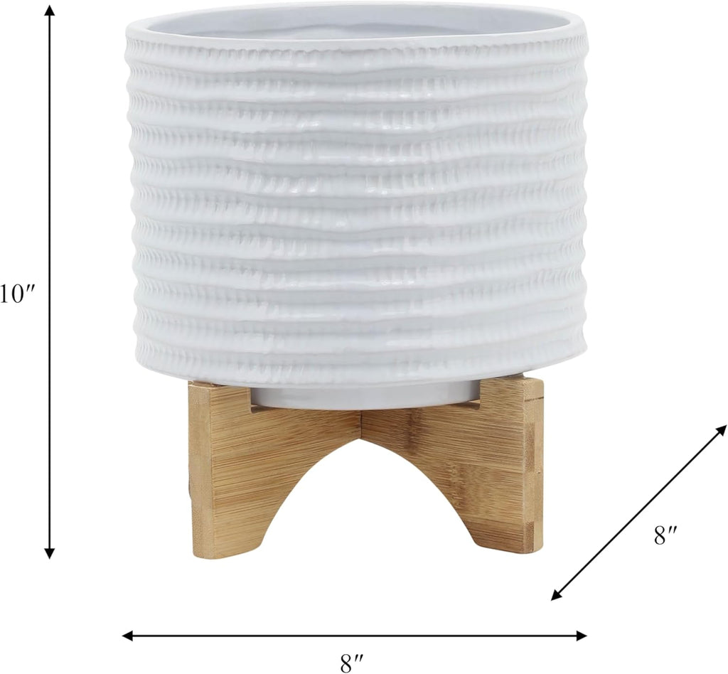Ceramic Planter with Bamboo Stand – Modern Home Decor Indoor Plant Pot with Textured Stoneware Design – Decorative Planter with Legs for Living Room, Bedroom, Office, Patio, or Garden - 8", White