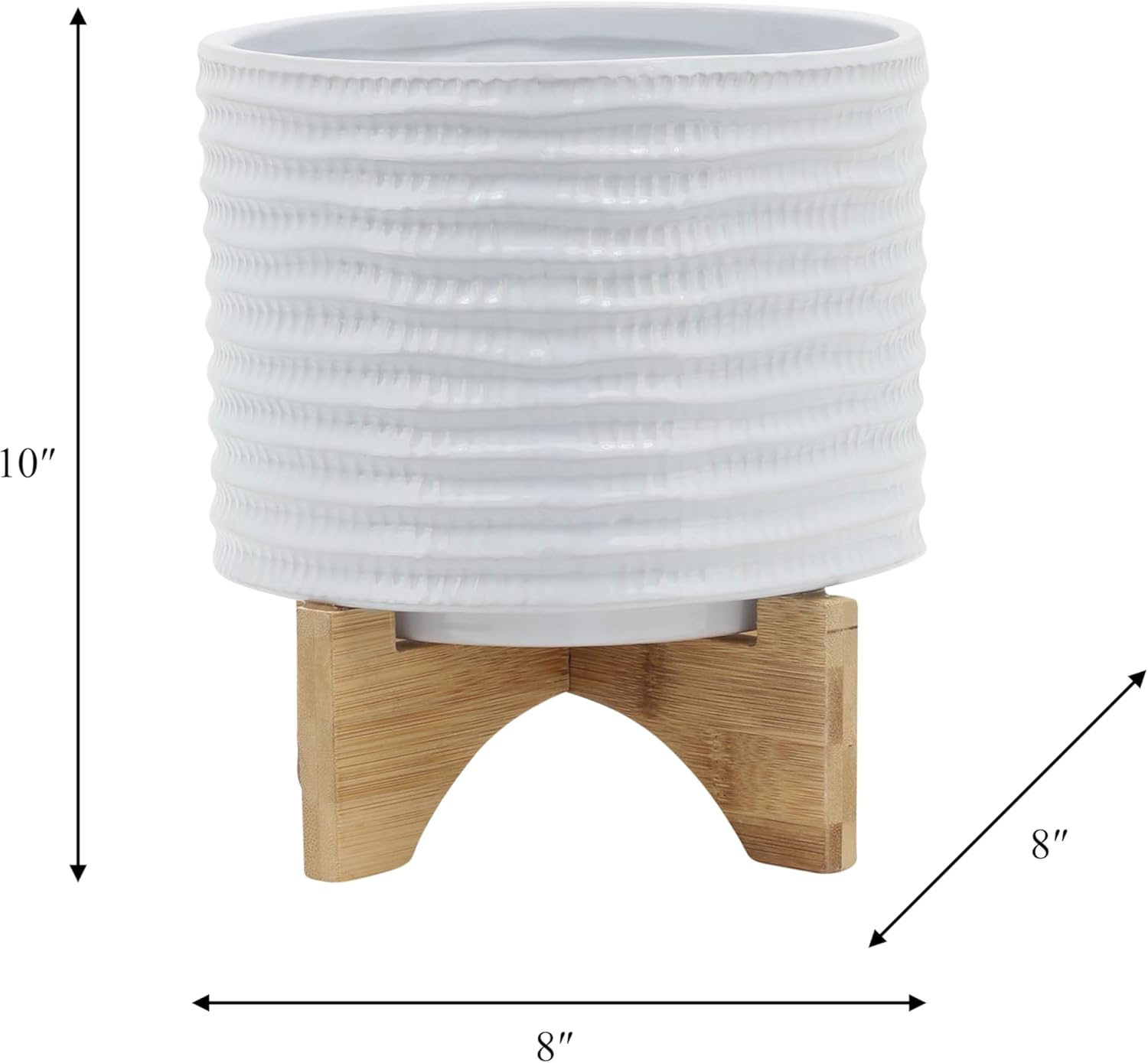 Ceramic Planter with Bamboo Stand – Modern Home Decor Indoor Plant Pot with Textured Stoneware Design – Decorative Planter with Legs for Living Room, Bedroom, Office, Patio, or Garden - 8", White
