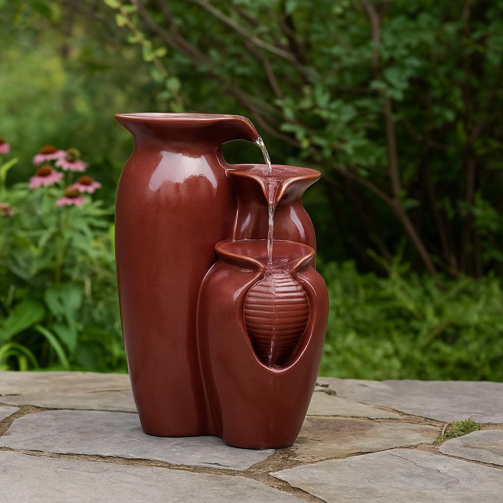 Teamson Home Jar 3 Tiered Floor Waterfall Fountain with Pump for Outdoor Patio Garden Backyard Decking, 20 Inch Height, Brown