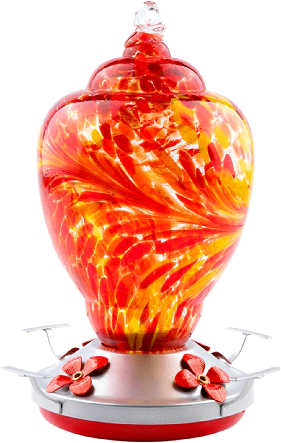 WOSIBO Hummingbird Feeder for Outdoors Patio Large 32 Ounces Colorful Hand Blown Glass Hummingbird Feeder with Ant Moat Hanging Hook, Rope, Brush and Service Card (RED)