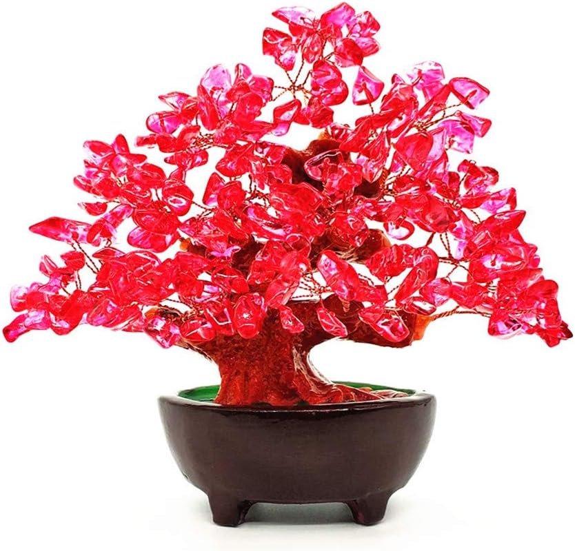 7 Inch Quartz Crystal Money Tree Bonsai Feng Shui Gem Decoration for Wealth and Luck (Red)