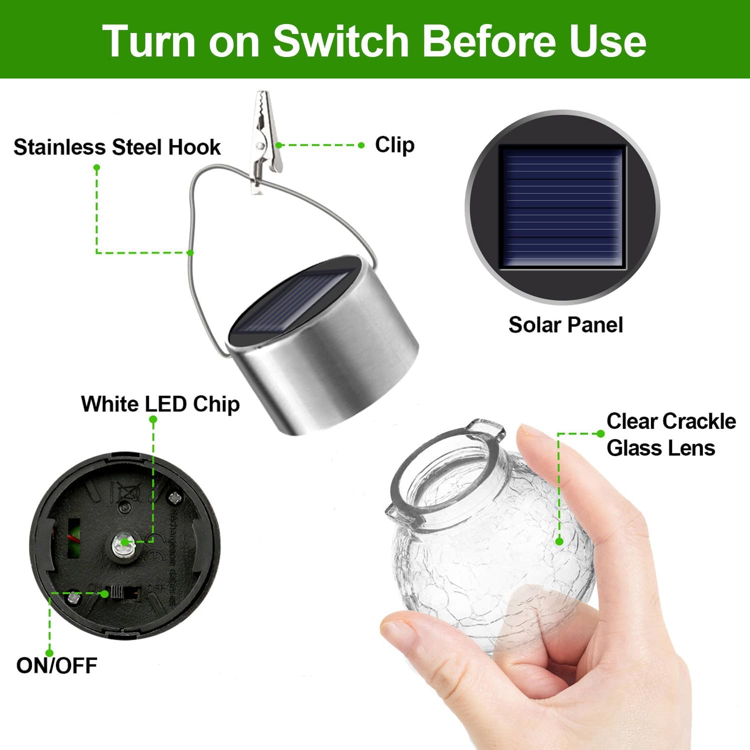 Solar Lights Outdoor Hanging Decorative Globe 8 Pack, Waterproof Solar Lantern with Handle and Clip, Solar Powered Glass Ball Lights for Garden Yard Fence Tree Umbrella Holiday Décor, Cold White