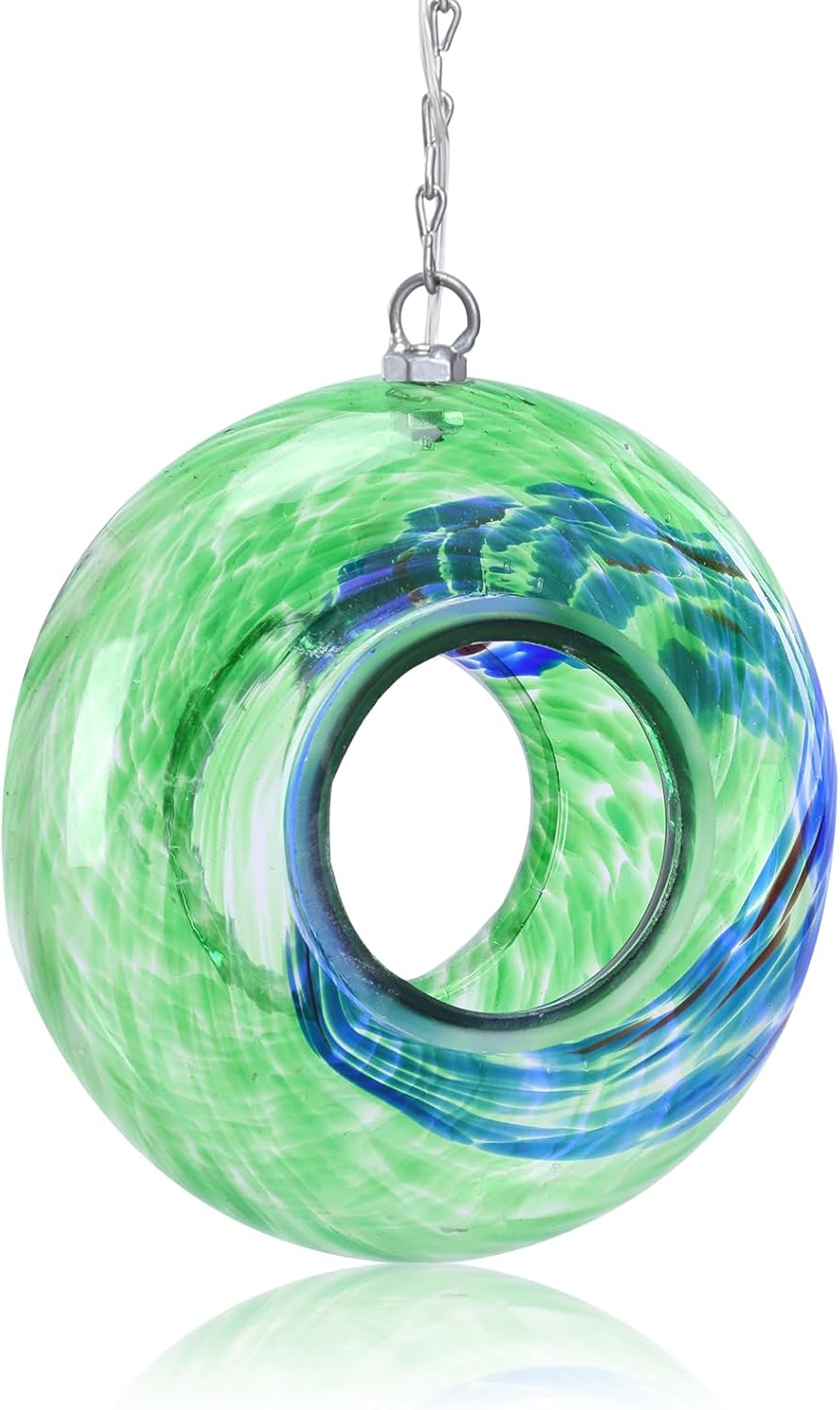 Yinns Glass Bird Feeders, Hanging Fly Through Birds Feeder for Outsiade, Solar Birdfeeder for Garden Decor Bird Lvoers Gifts, 8-Inch（Green）