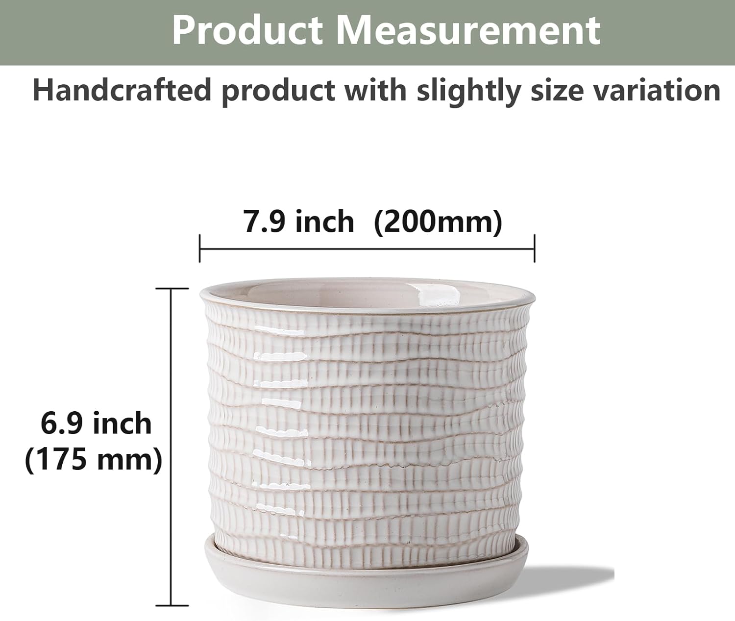 8 Inch Plant Pot: Ceramic Planter with Drainage Hole & Saucer for Indoor Outdoor Plants - Flowerpot with Bonded Tray for Home Office - Wave Embossed