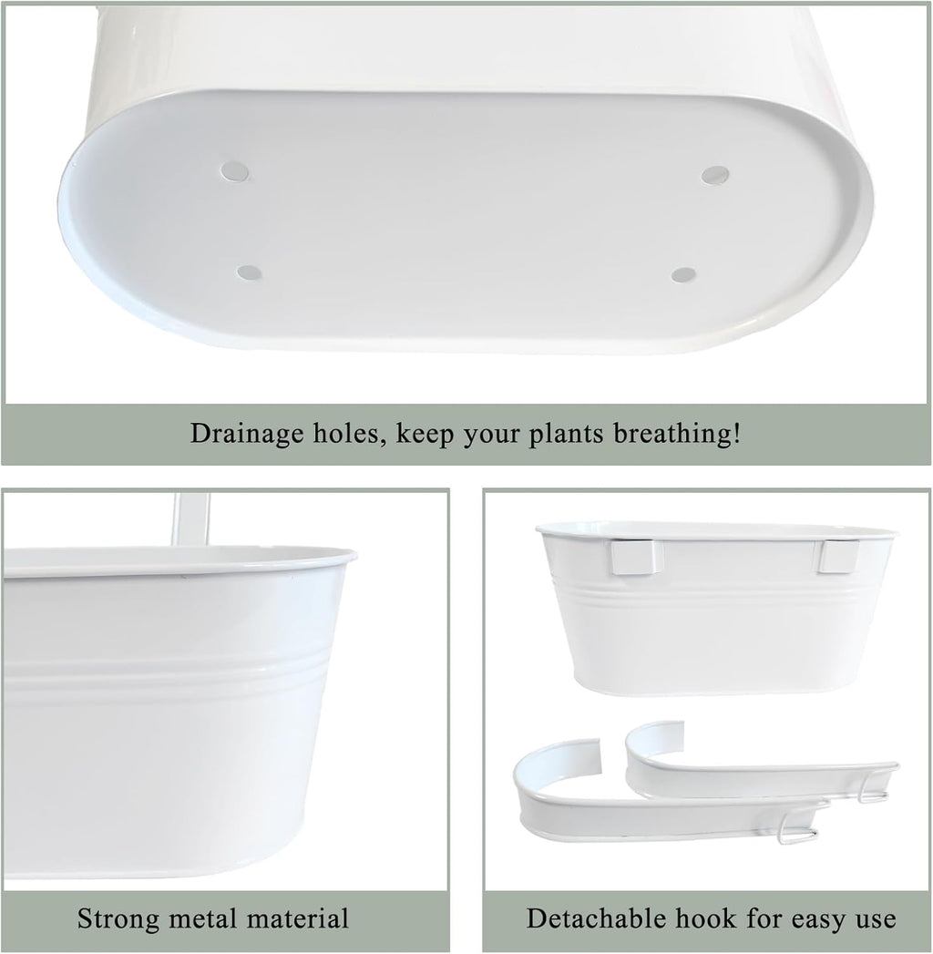 10" Hanging Flower Pots, Pack of 4 White Metal Outdoor Patio Balcony Planter, Railing Planters Fence Pot with Detachable Hook & Drainage Hole for Small Plants (White, 4Pcs)