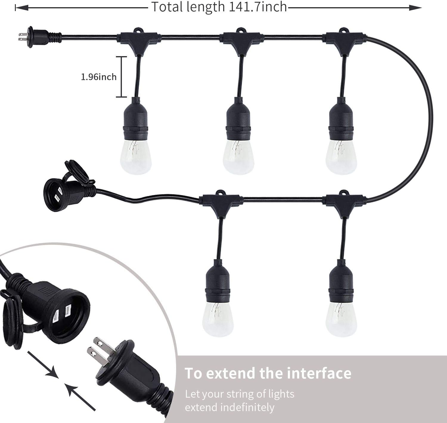 FRIDEKO HOME Waterproof Outdoor String Lights - 12Ft Commercial Grade Patio Lights Heavy Duty Light String Hanging Light Fixture with 11W S14 Bulbs for Deckyard Garden Porch Party Decor