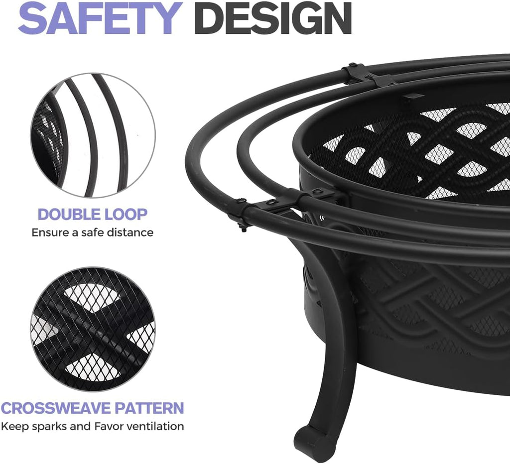 42 Inch Outdoor Fire Pit with 2 Loops,Crossweave Wood Burning Fire Pits for Outside,with Spark Screen,Fire Poker,Round Metal Firepit for Patio,Backyard,Beach,Camping,Bonfire(42''Black)