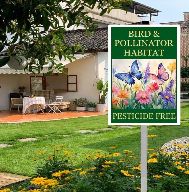 Bird and Pollinator Habitat Pesticide Free Yard Sign With Stakes 7x9.8 inches Rustproof Reflective Aluminum Pollinator Friendly Garden Sign Stand Butterfly Outdoor Decor