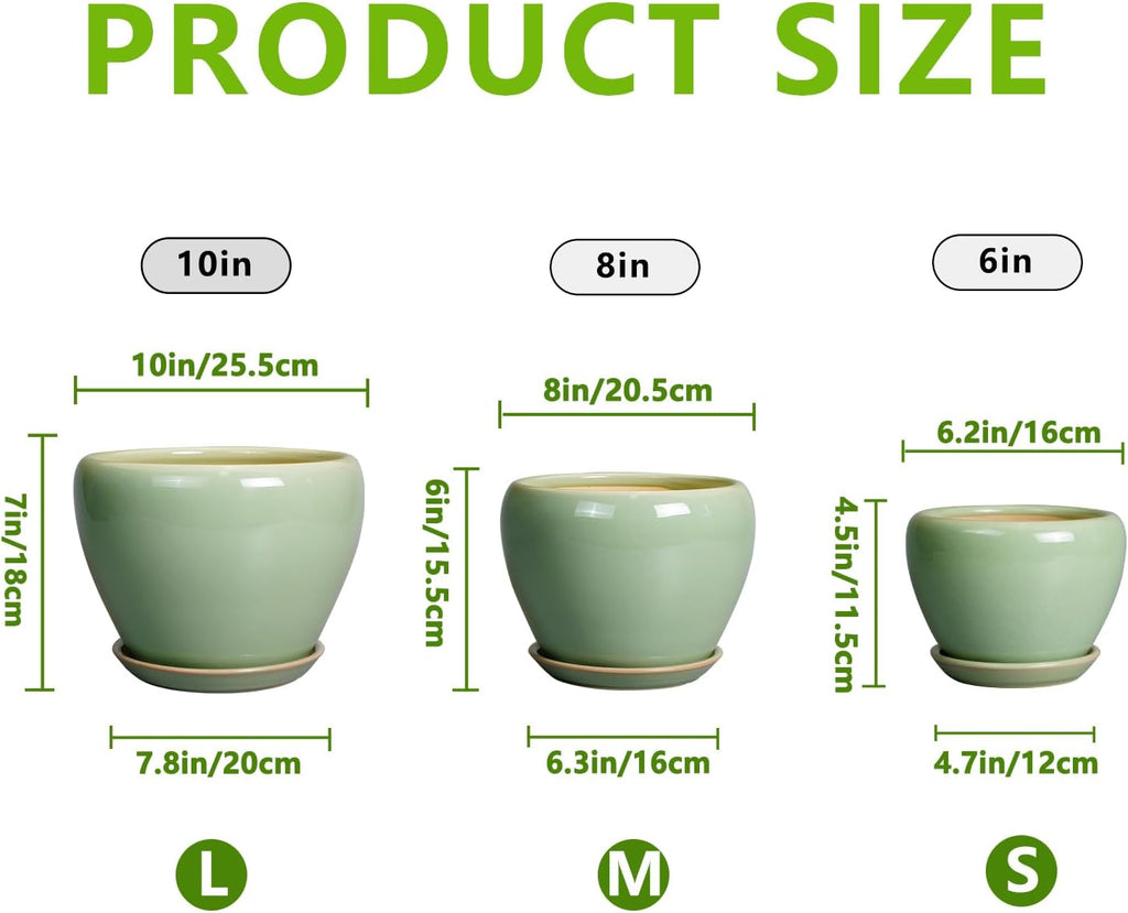 Ceramic Pots for Plants - 10/8/6 Inch Flowers Planters with Drainage Holes and Saucers for Indoor Outdoor, Decorative Modern Home House Office Room Decor, Set of 3, Green