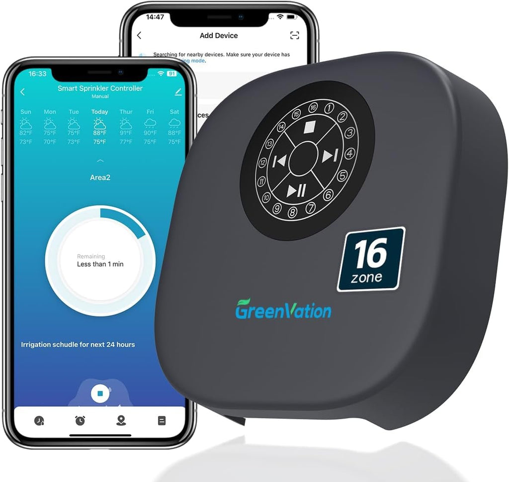 Smart Sprinkler Controller, 16-Zone/Station Irrigation System with APP Remote Control, GreenVation 2.4G/5GHz WiFi Water Timer for Outdoor Garden/Yard/Lawns