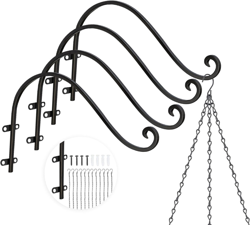 Plant Hangers Outdoor, 4 Pack 16 Inch Plant Hooks with 12 Chains for Wall Metal Plants Hanging Bracket for Bird Feeder, Flower Baskets, Wind Chimes, Lanterns, Indoor Outdoor, Black