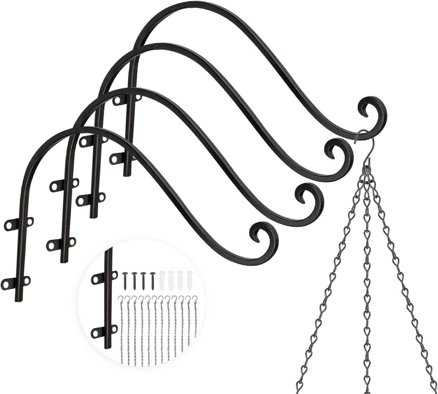 Plant Hangers Outdoor, 4 Pack 16 Inch Plant Hooks with 12 Chains for Wall Metal Plants Hanging Bracket for Bird Feeder, Flower Baskets, Wind Chimes, Lanterns, Indoor Outdoor, Black