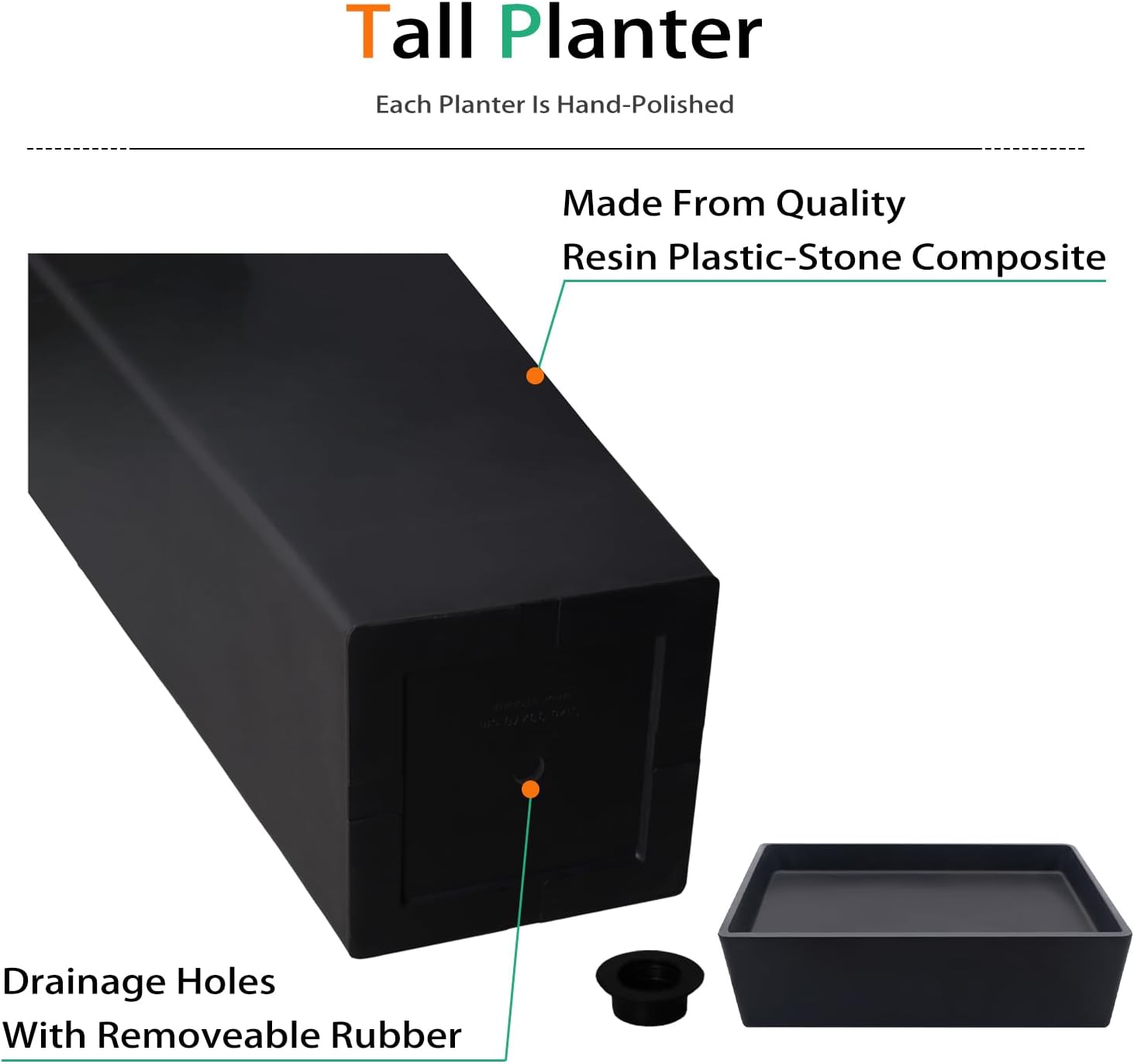 Tall Planters for Outdoor Plants, Large Resin Flower Pots with Saucers for Garden, Front Porch, Patio, Indoor - Set of 2 (Black, 34 inch - 2 Pack)