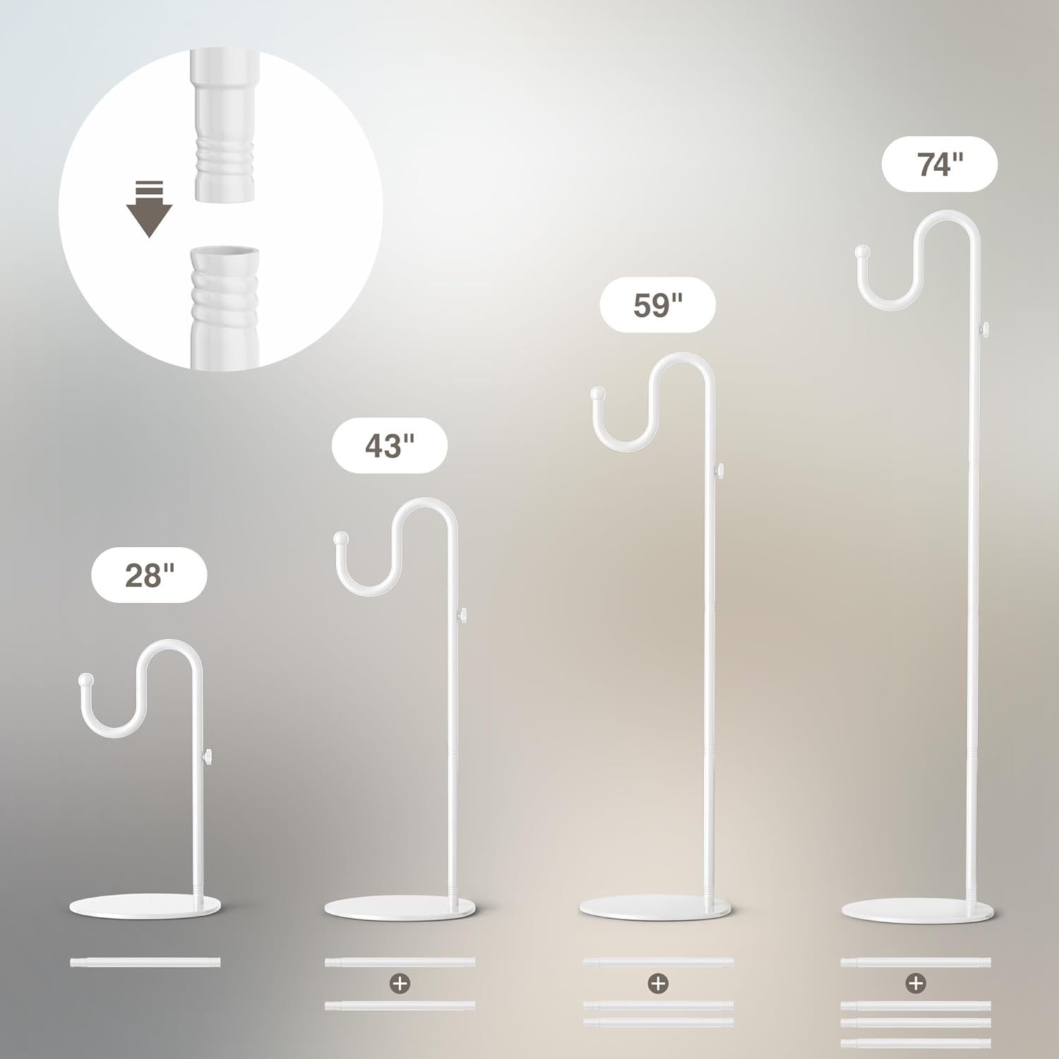 niffgaff 74" Shepherds Hook Stand for Plant: Hanging Bird Feeders, Plants, Lanterns, Wreath and Wind Chimes, Adjustable Free Standing Pole Holder with Heavy Duty Base, Holds Up to 20 LBS, White