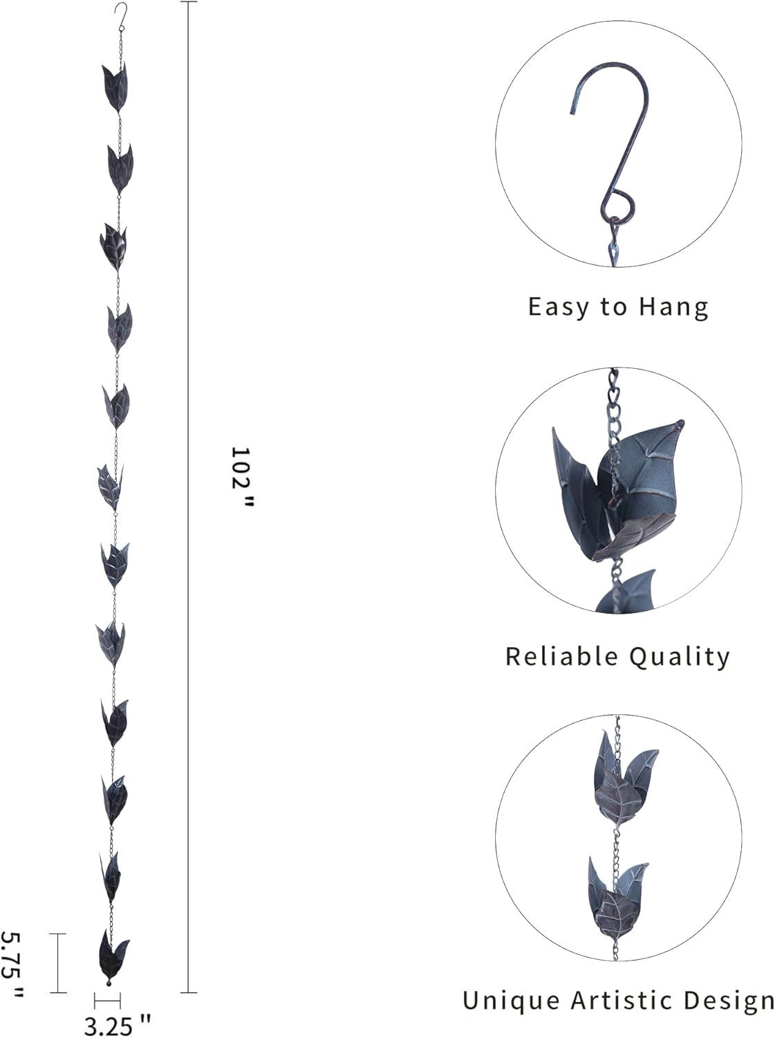 Rain Chain Decoration 8.5 FT., Rain Catcher Chain Gutter Downspout 102'' for House Eaves, Garden & Home, Leaf Shape Rain Chains